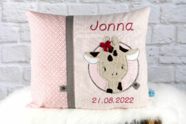Personalisiertes Kissen zur Geburt oder Taufe, mit Giraffe, in rosa, beige