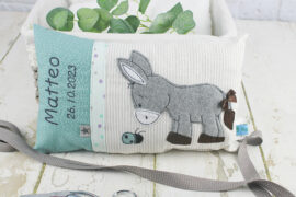 Namenskissen mit Esel und Marienkäfer in grün